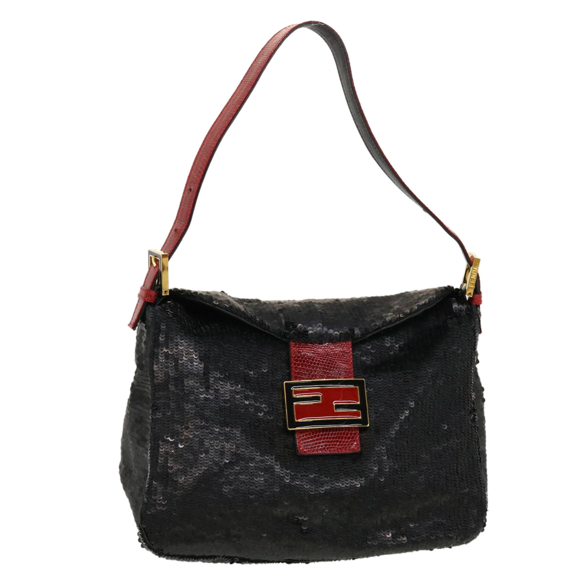 FENDI Sequin Shoulder Bag Black Red Auth 43759