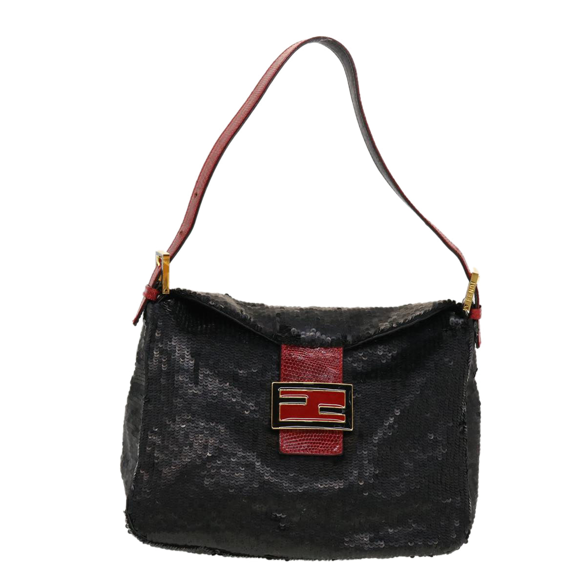 FENDI Sequin Shoulder Bag Black Red Auth 43759