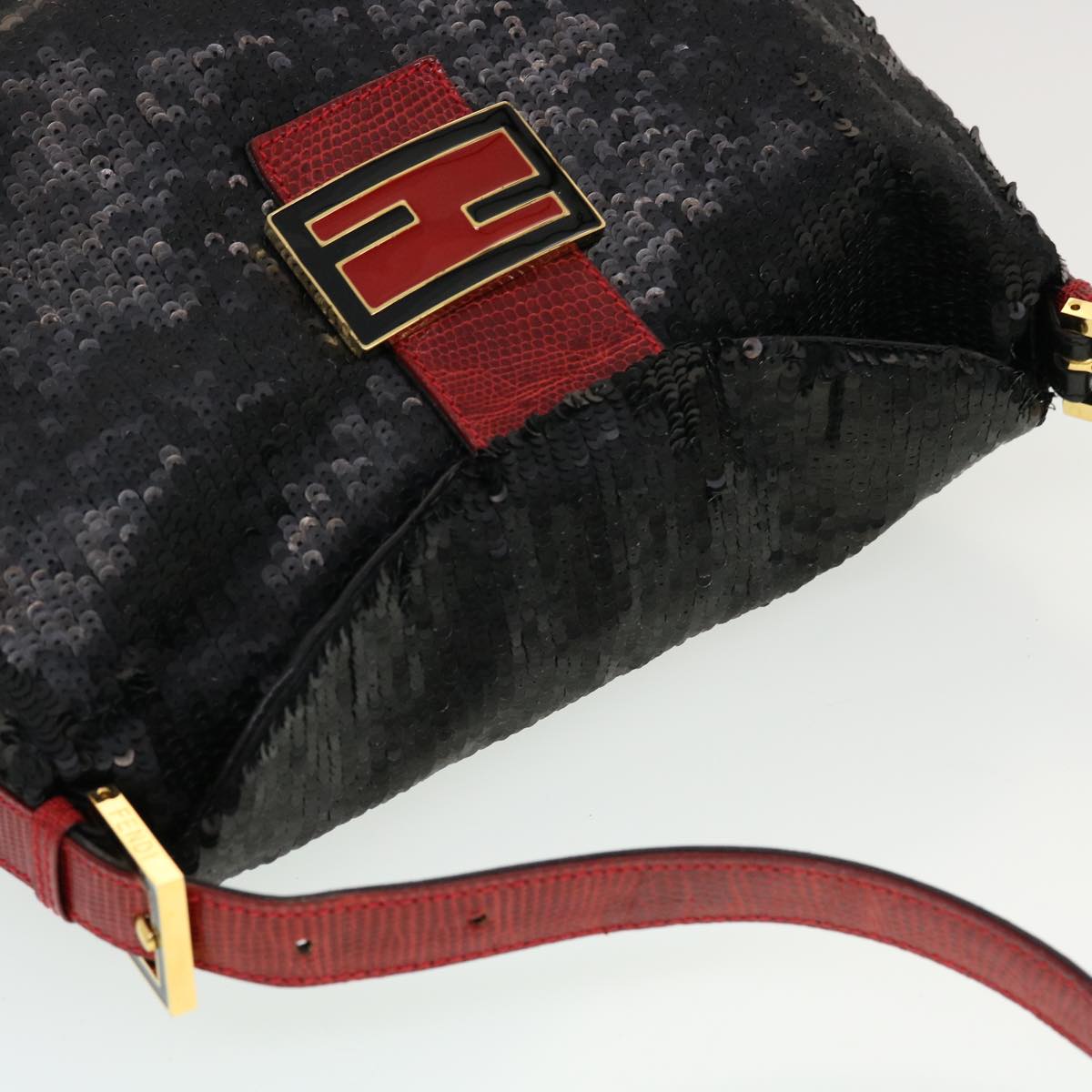 FENDI Sequin Shoulder Bag Black Red Auth 43759