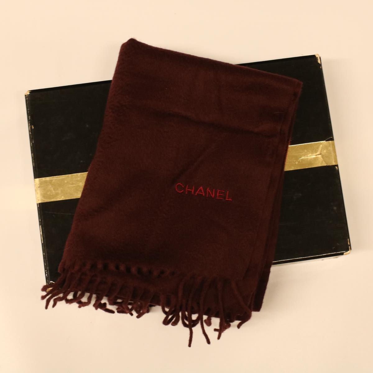 CHANEL Scarf Cashmere Wine Red CC Auth 43804
