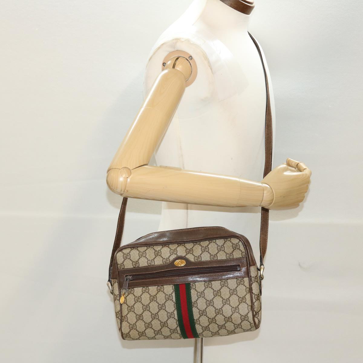 GUCCI GG Canvas Web Sherry Line Shoulder Bag Beige Red Green Auth 43901