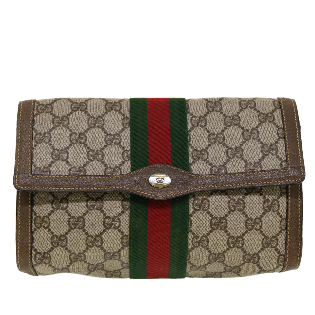 GUCCI GG Canvas Web Sherry Line Clutch Bag Beige Red Green Auth 43902