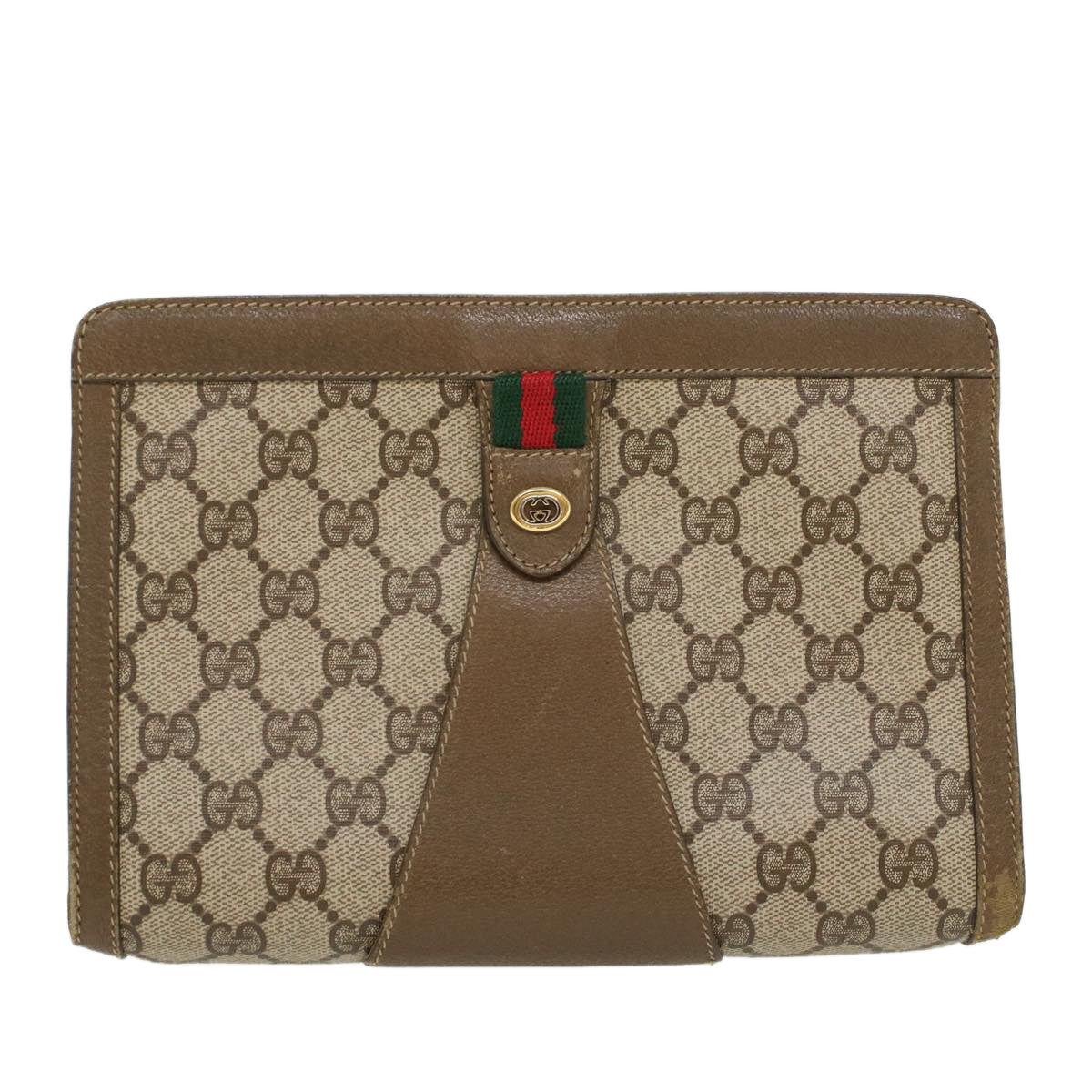 GUCCI GG Canvas Web Sherry Line Clutch Bag PVC Leather Beige Red Auth 43908