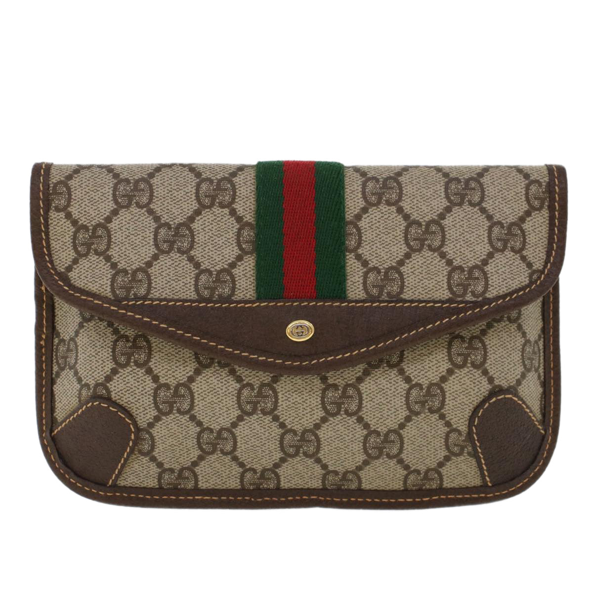 GUCCI GG Canvas Web Sherry Line Pouch PVC Leather Beige Red Green Auth 44035