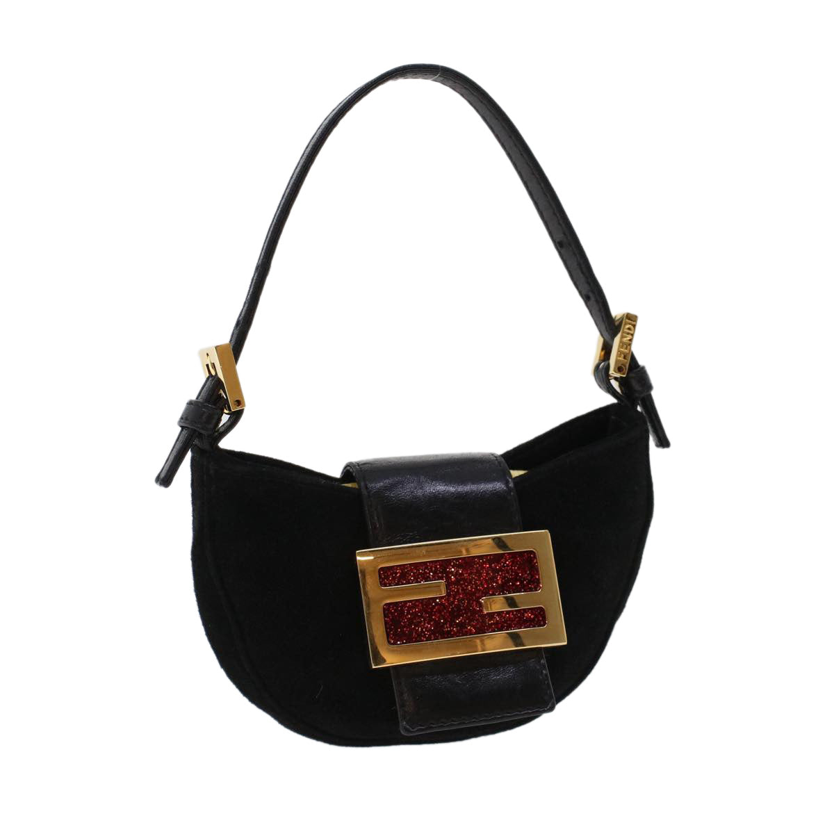 FENDI Mini Mamma Baguette Hand Bag Suede Black 2288-26673-009 Auth 44045