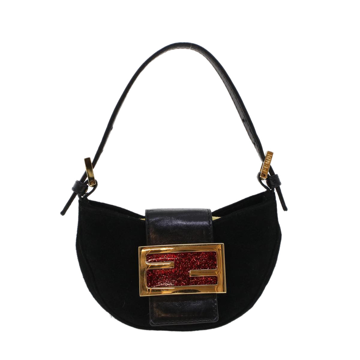 FENDI Mini Mamma Baguette Hand Bag Suede Black 2288-26673-009 Auth 44045