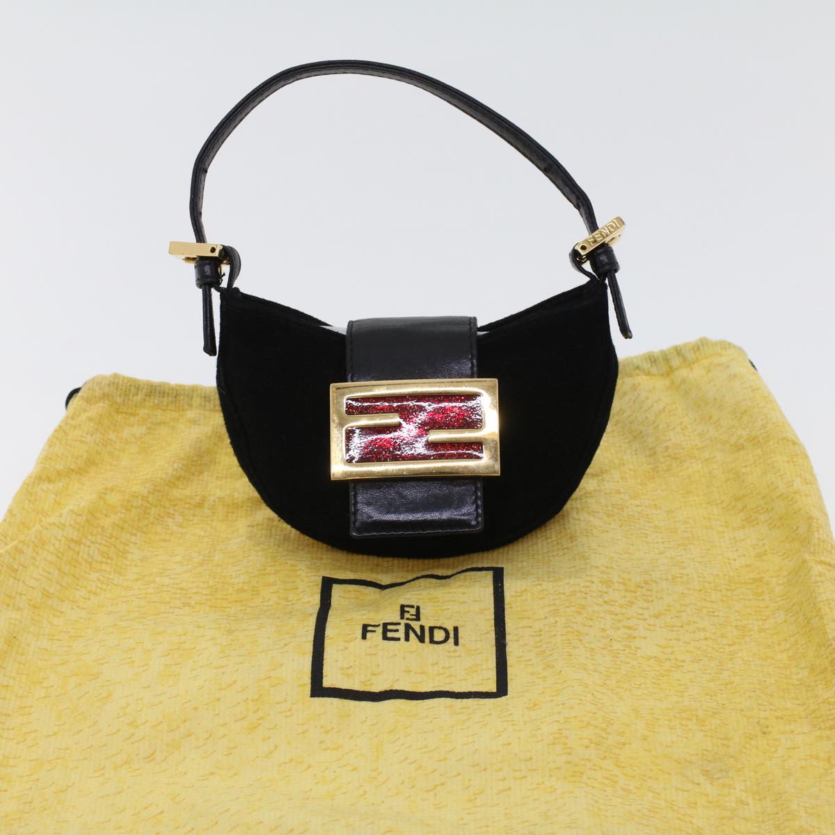 FENDI Mini Mamma Baguette Hand Bag Suede Black 2288-26673-009 Auth 44045