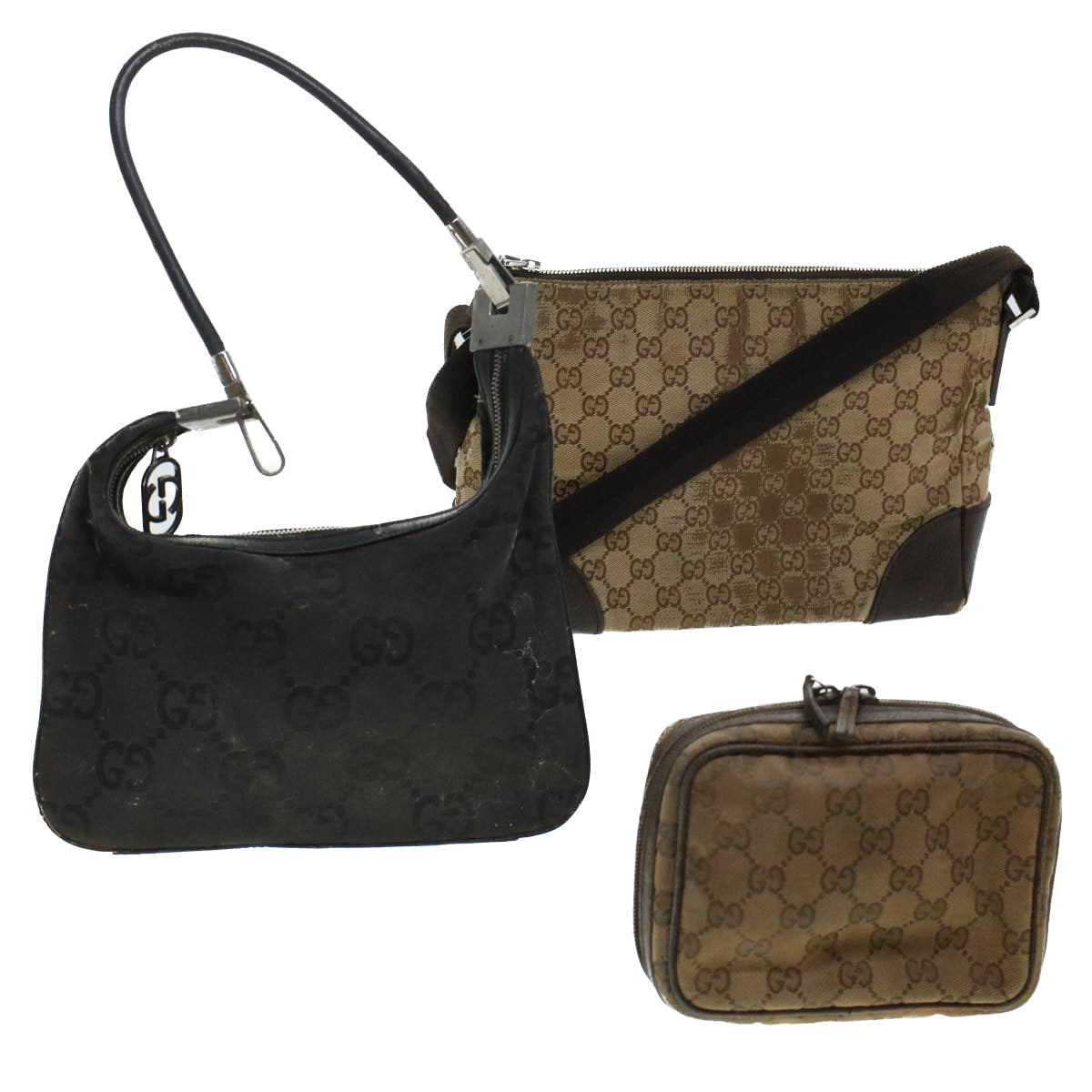 GUCCI GG Canvas Shoulder Bag 3Set Beige Black Auth 44070