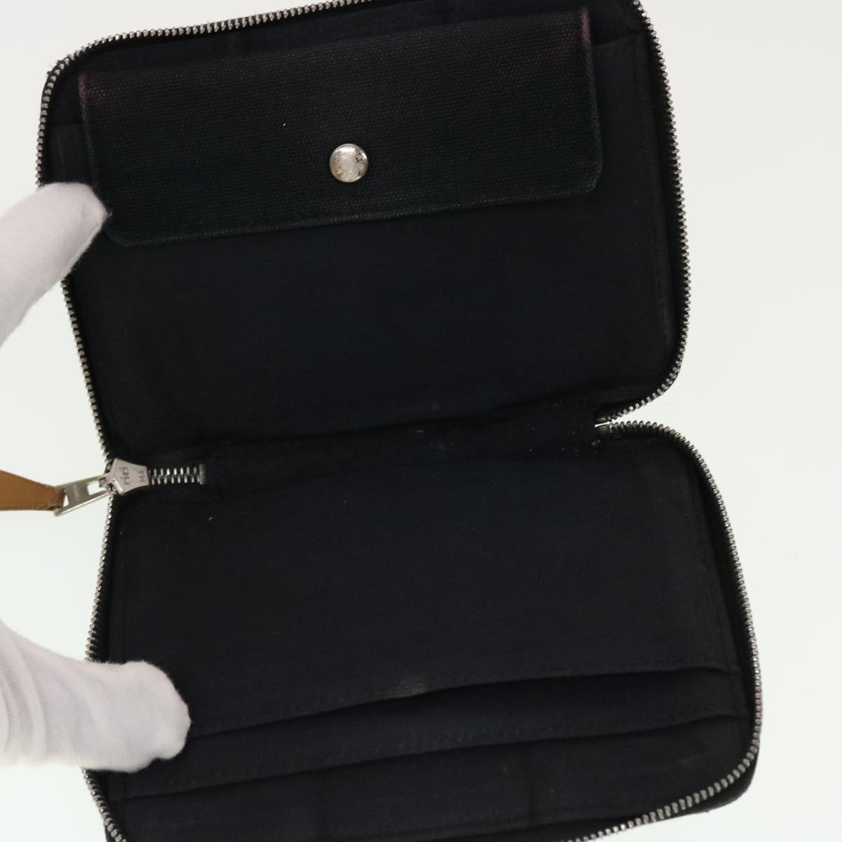 HERMES Her Line Wallet Hand Bag Canvas Leather 3Set Black Auth 44073