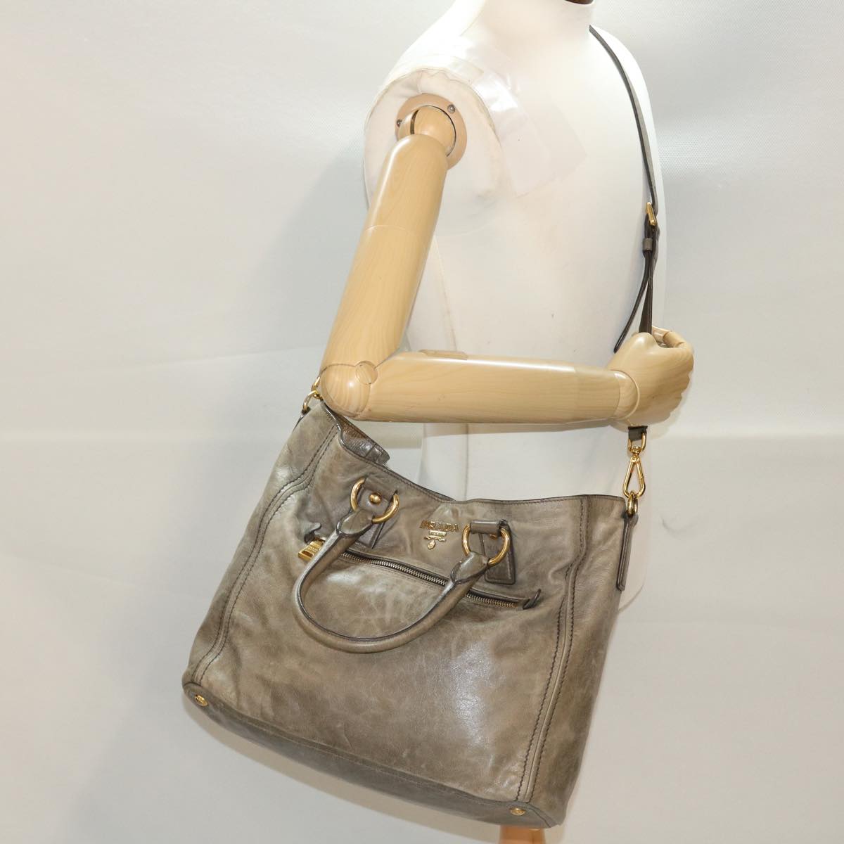 PRADA Hand Bag Leather 2way Gray Auth 44135