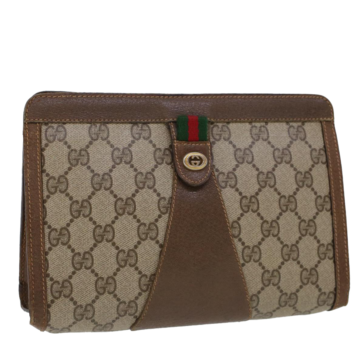 GUCCI GG Canvas Web Sherry Line Clutch Bag PVC Leather Beige Green Auth 44139