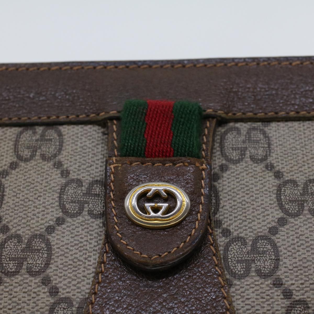 GUCCI GG Canvas Web Sherry Line Clutch Bag PVC Leather Beige Green Auth 44139