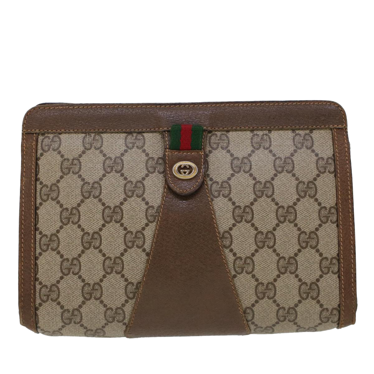 GUCCI GG Canvas Web Sherry Line Clutch Bag PVC Leather Beige Green Auth 44139