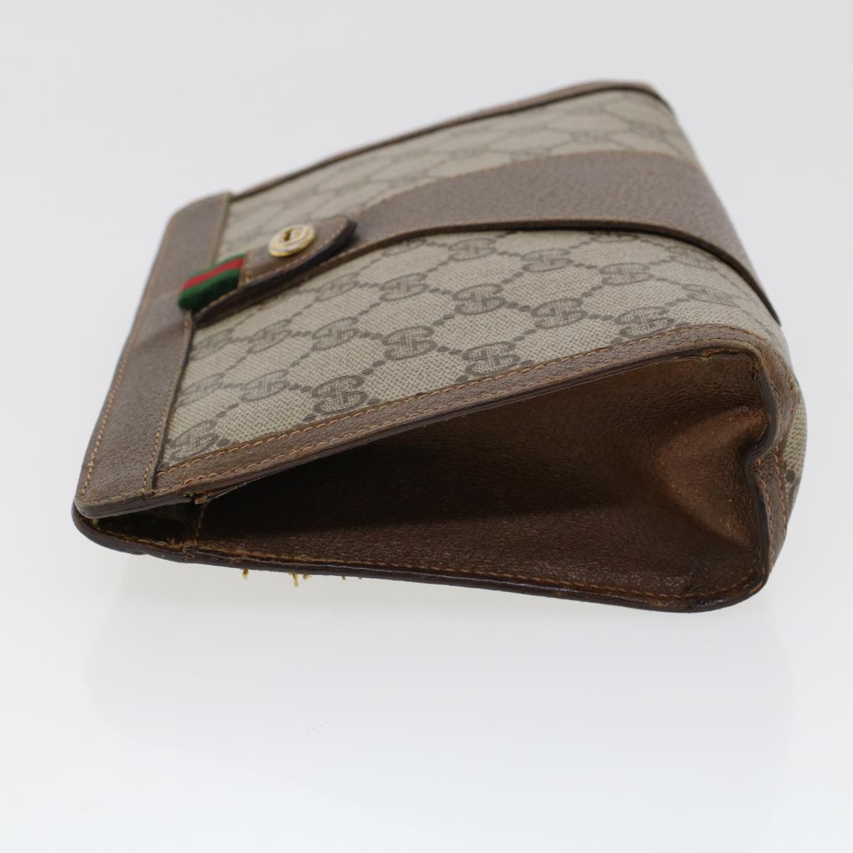 GUCCI GG Canvas Web Sherry Line Clutch Bag PVC Leather Beige Green Auth 44139