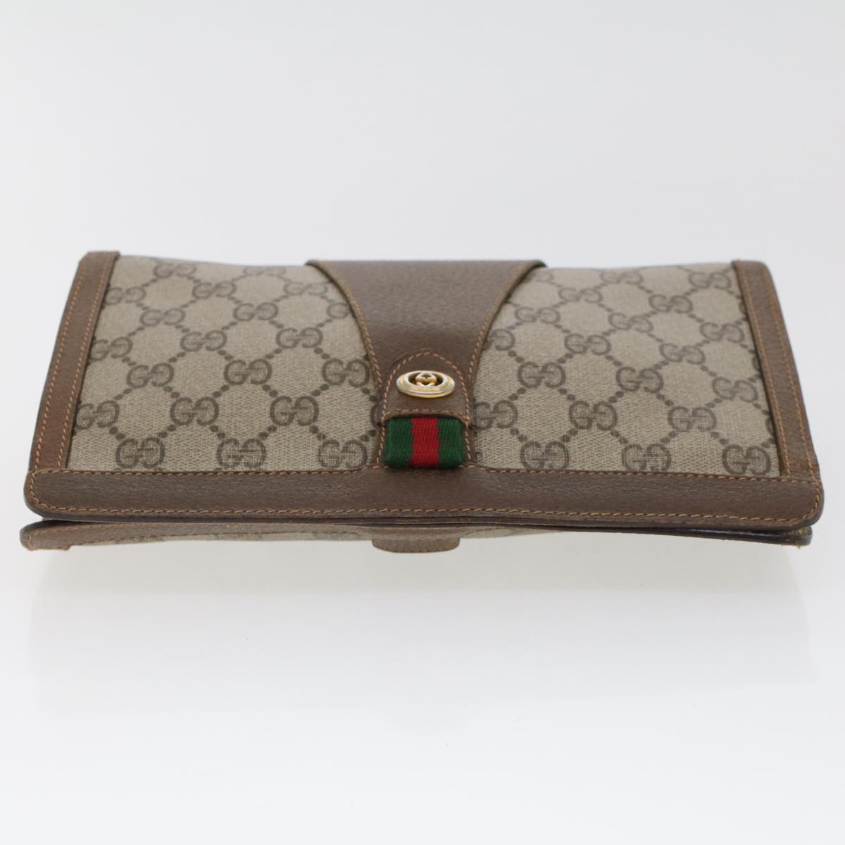 GUCCI GG Canvas Web Sherry Line Clutch Bag PVC Leather Beige Green Auth 44139