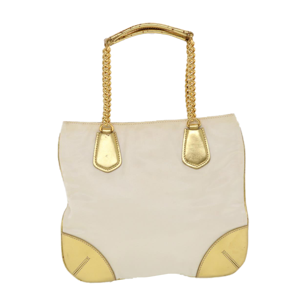 PRADA Chain Shoulder Bag Nylon White Gold Auth 44147
