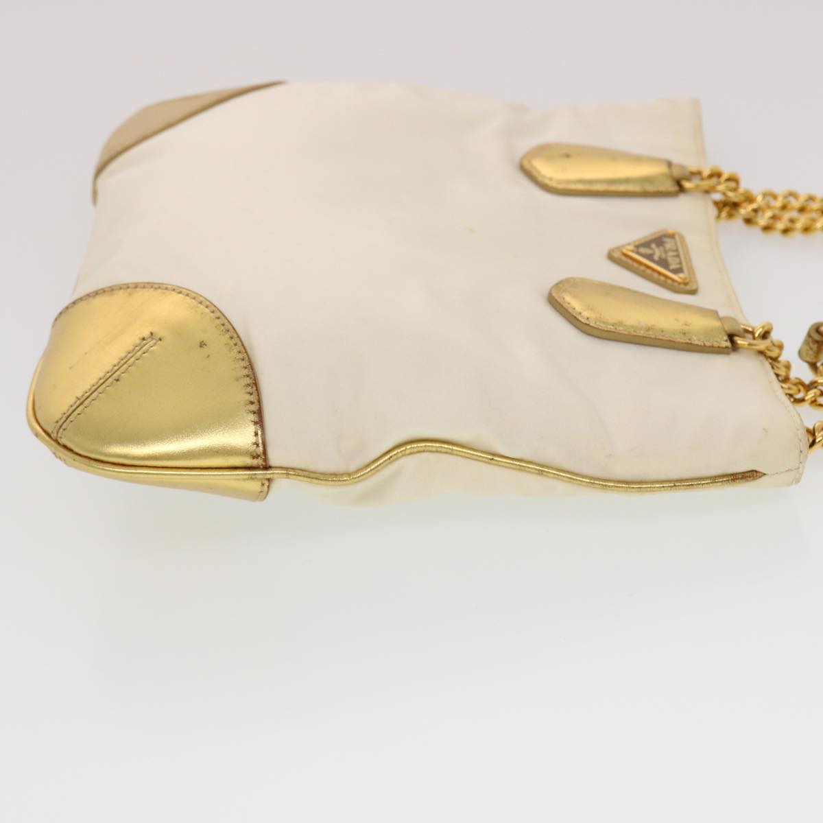 PRADA Chain Shoulder Bag Nylon White Gold Auth 44147
