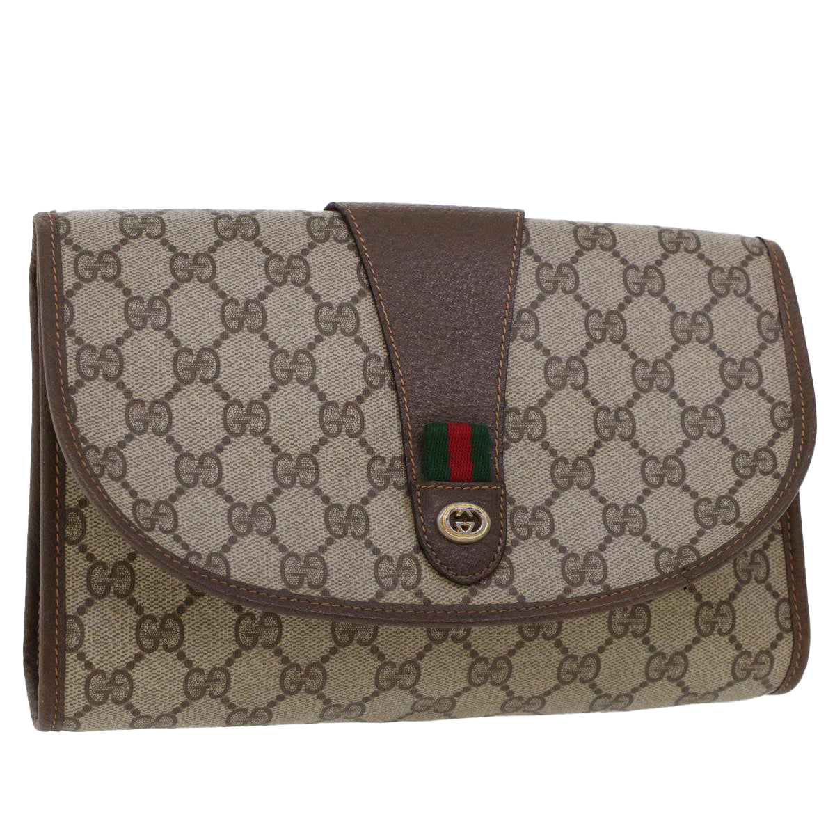 GUCCI GG Canvas Web Sherry Line Clutch Bag PVC Leather Beige Green Auth 44152