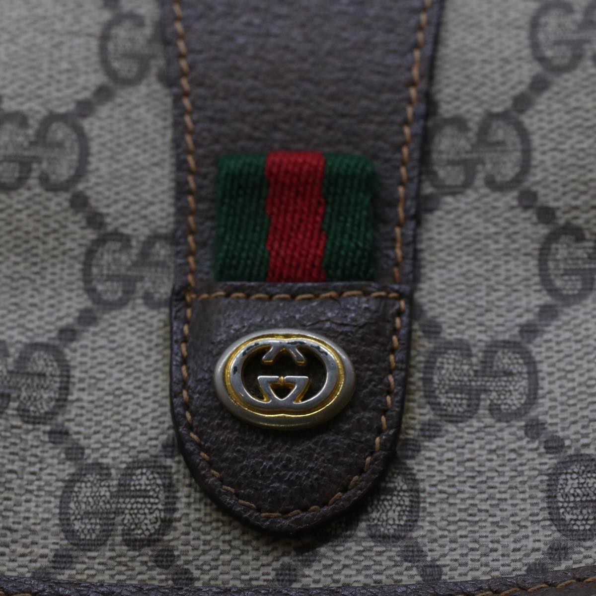 GUCCI GG Canvas Web Sherry Line Clutch Bag PVC Leather Beige Green Auth 44152