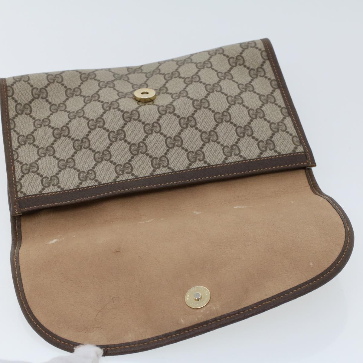 GUCCI GG Canvas Web Sherry Line Clutch Bag PVC Leather Beige Green Auth 44152