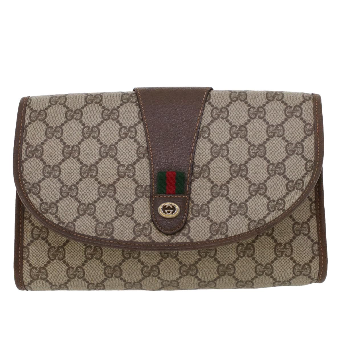 GUCCI GG Canvas Web Sherry Line Clutch Bag PVC Leather Beige Green Auth 44152