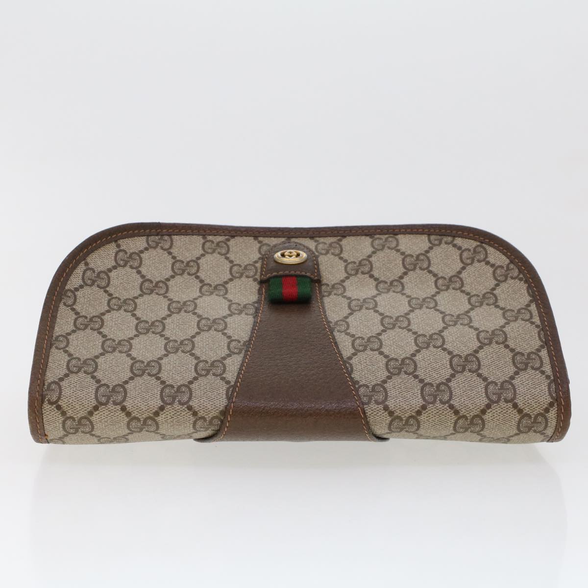 GUCCI GG Canvas Web Sherry Line Clutch Bag PVC Leather Beige Green Auth 44152