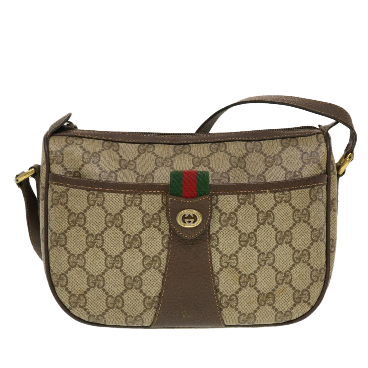 GUCCI GG Canvas Web Sherry Line Shoulder Bag Beige Red 89.02.032 Auth 44255