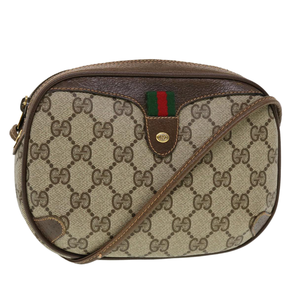 GUCCI GG Canvas Web Sherry Line Shoulder Bag Beige Red 156.02.066 Auth 44261