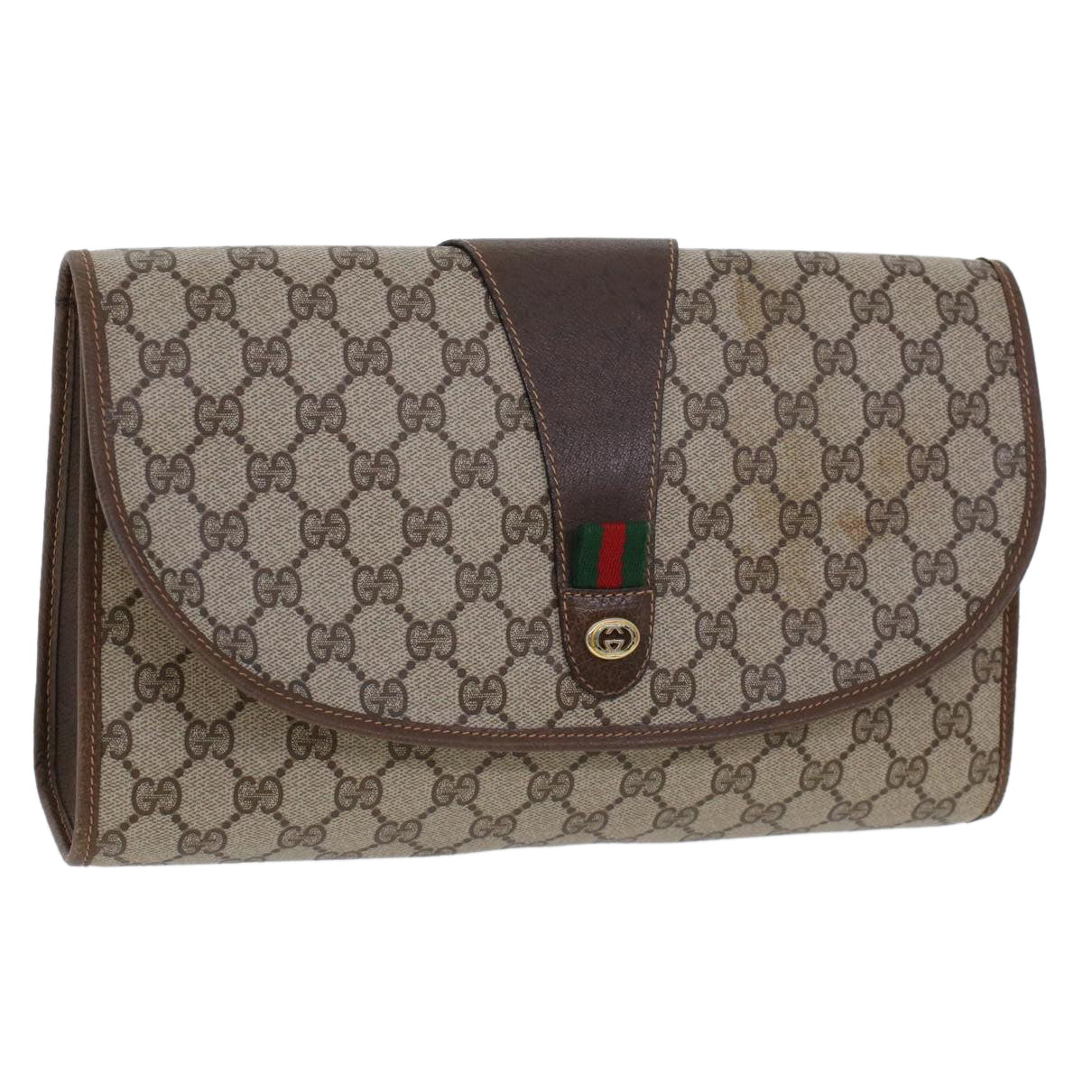 GUCCI GG Canvas Web Sherry Line Clutch Bag Beige Red Green 156.01.031 Auth 44314