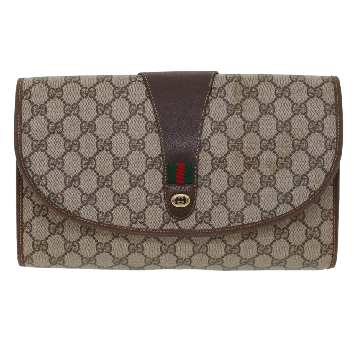 GUCCI GG Canvas Web Sherry Line Clutch Bag Beige Red Green 156.01.031 Auth 44314