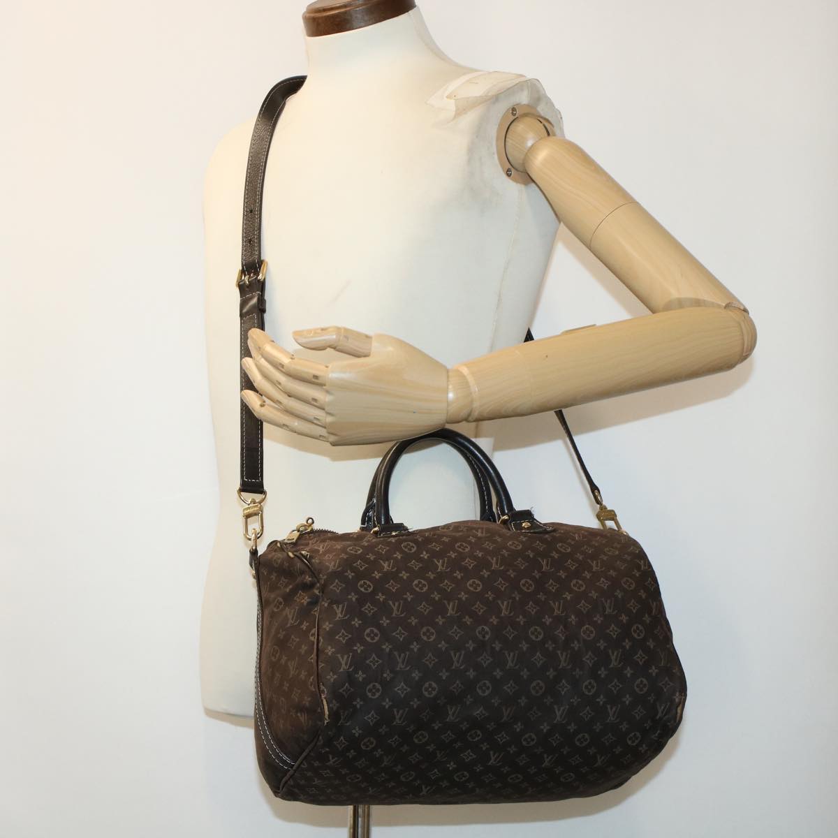 LOUIS VUITTON Monogram Mini Lin Speedy 30 Hand Bag Brown Ebene M95224 Auth 44319