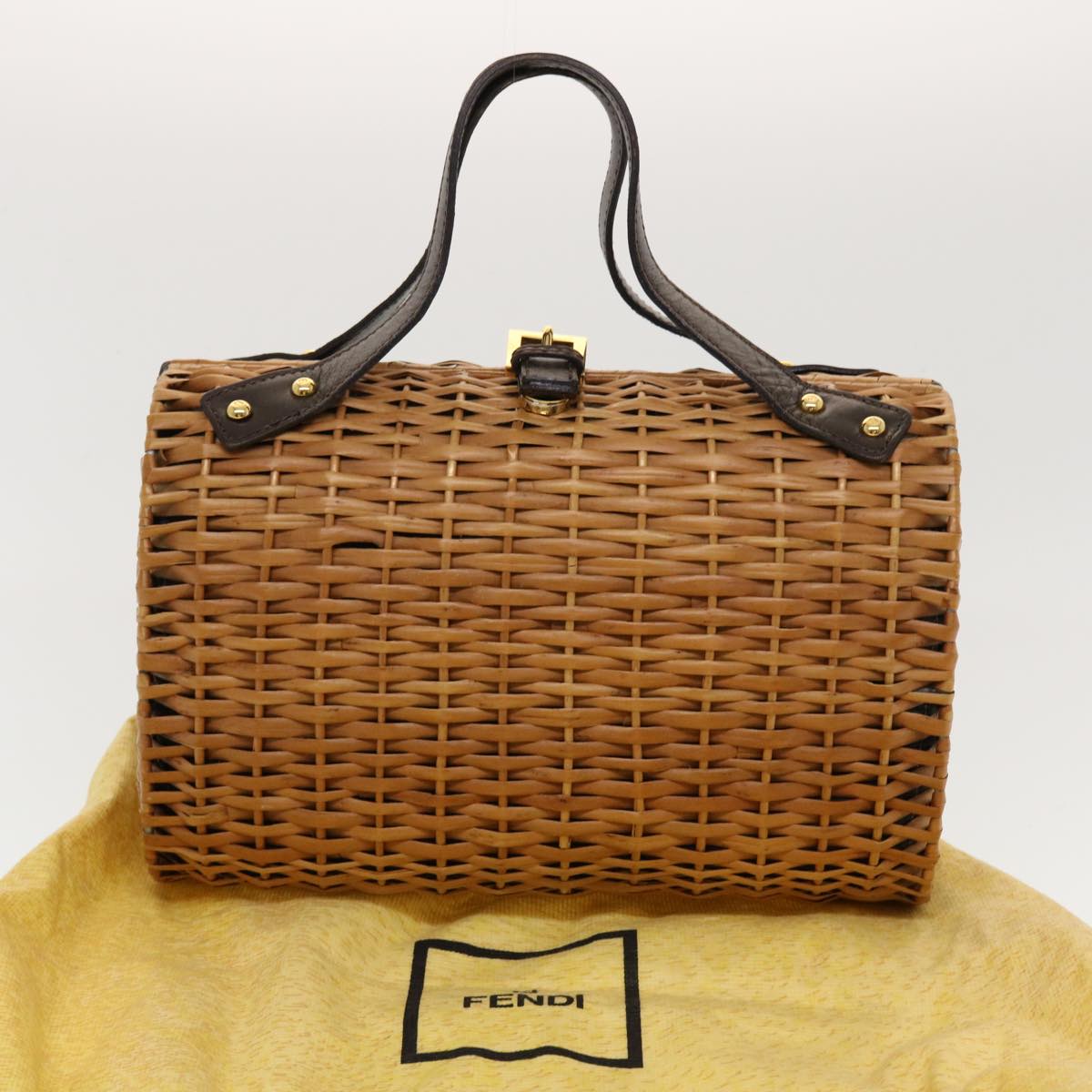 FENDI Straw Bag Zucca Canvas Hand Bag Rattan Brown Auth 44394