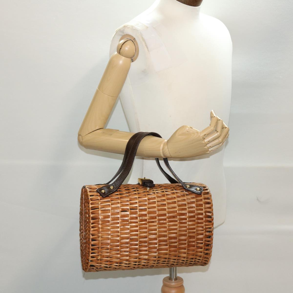 FENDI Straw Bag Zucca Canvas Hand Bag Rattan Brown Auth 44394