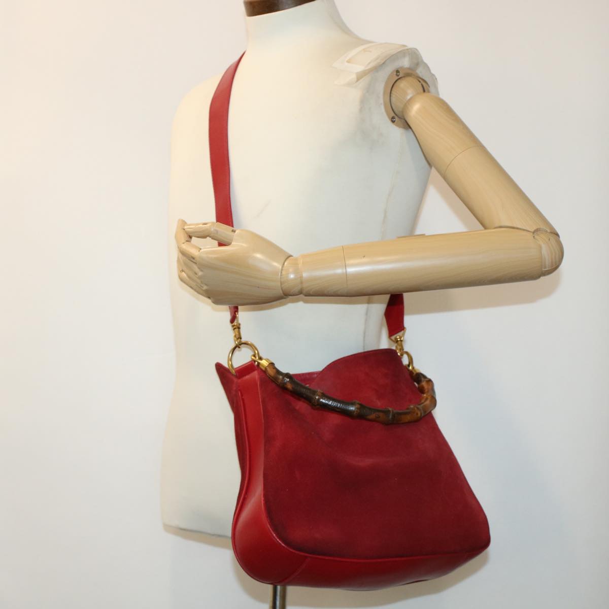 GUCCI Bamboo Hand Bag Suede 2way Shoulder Bag Red Auth 44513