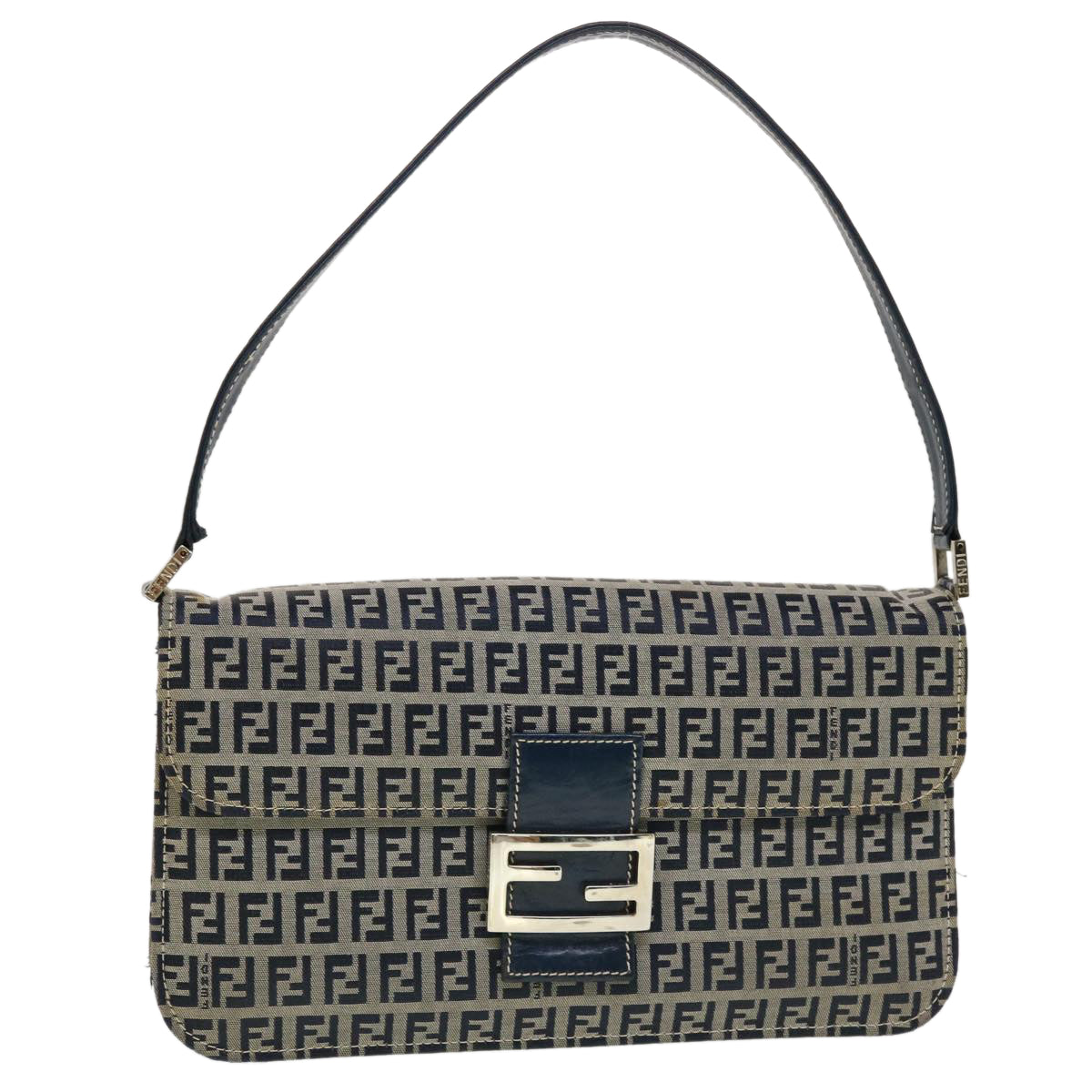 FENDI Mamma Baguette Zucchino Canvas Shoulder Bag Navy Auth 44520