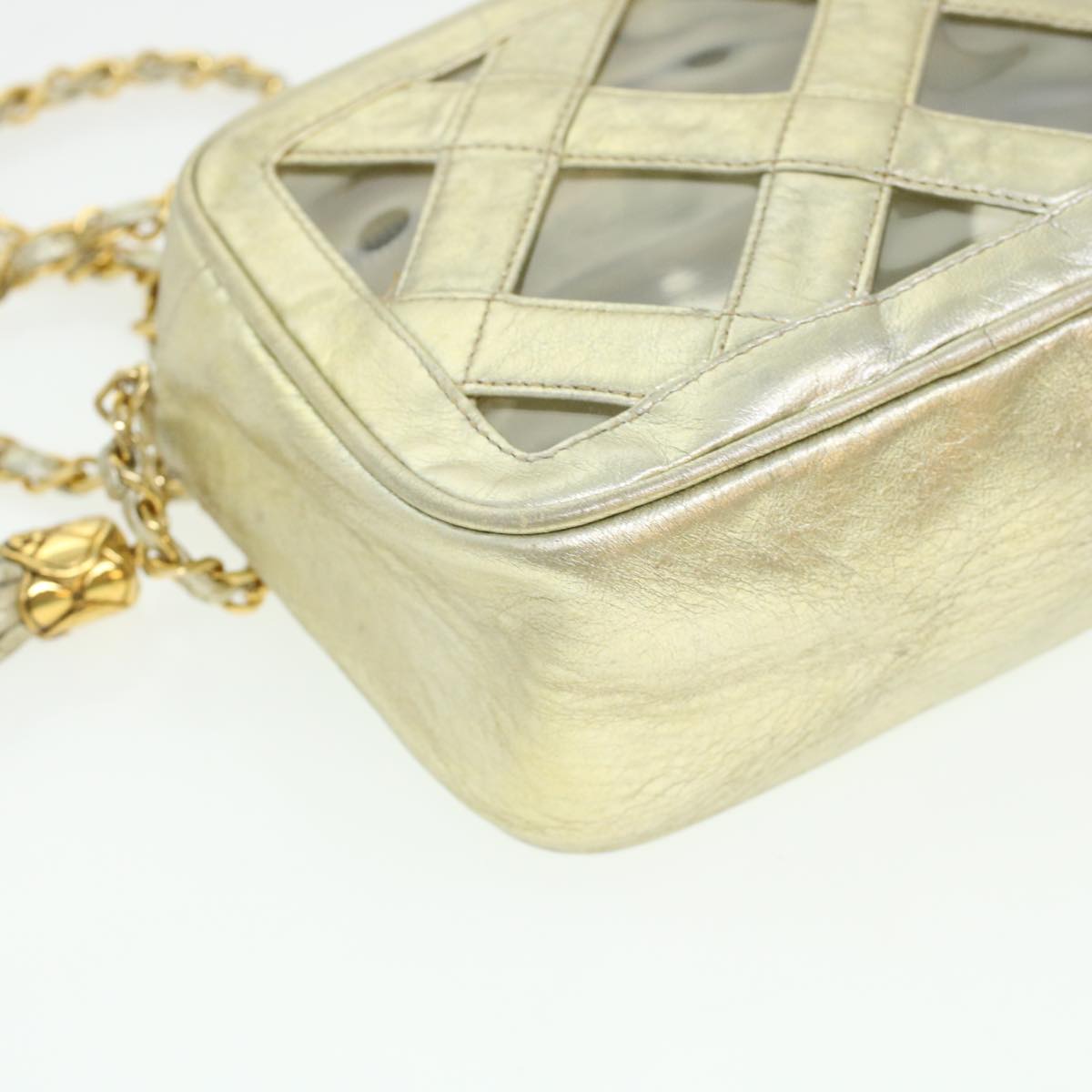 CHANEL Fringe Chain Shoulder Bag Lamb Skin Gold CC Auth 44673