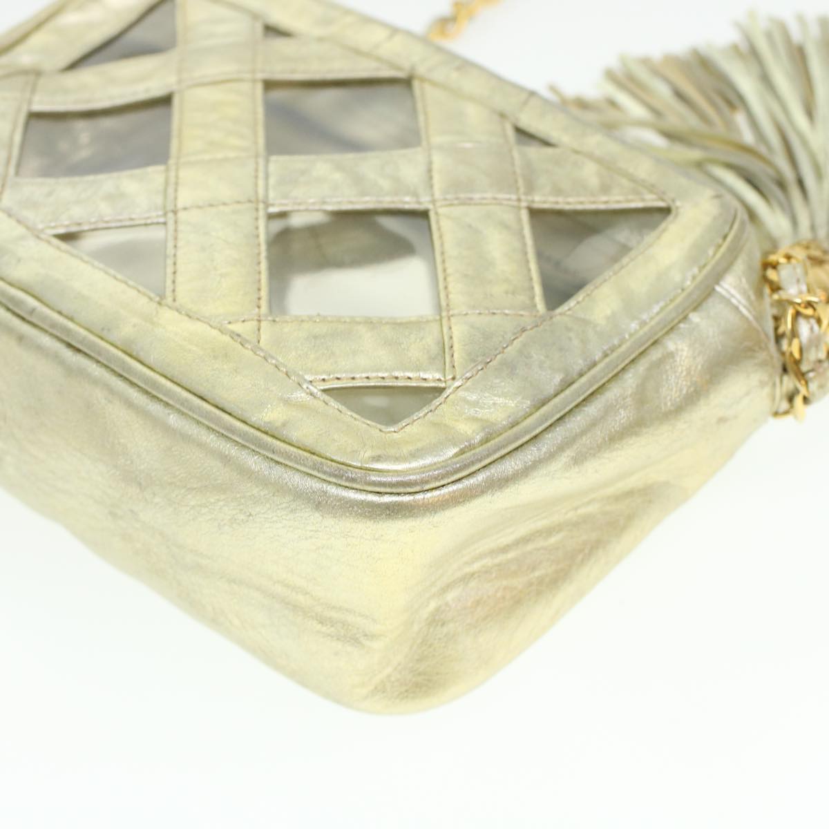 CHANEL Fringe Chain Shoulder Bag Lamb Skin Gold CC Auth 44673