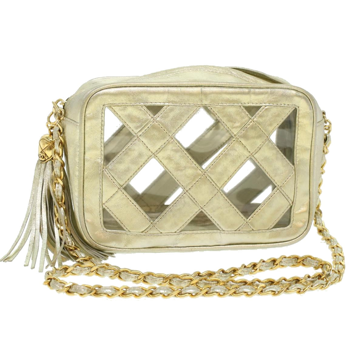 CHANEL Fringe Chain Shoulder Bag Lamb Skin Gold CC Auth 44673