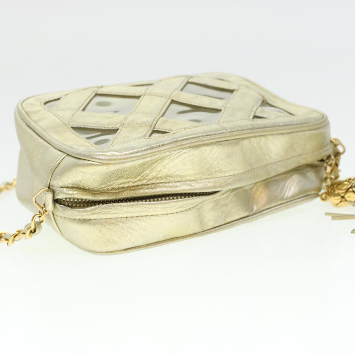 CHANEL Fringe Chain Shoulder Bag Lamb Skin Gold CC Auth 44673