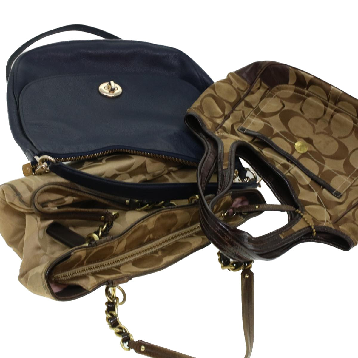 Coach Signature Shoulder Bag Canvas Leather 3Set Navy Brown Auth 44681