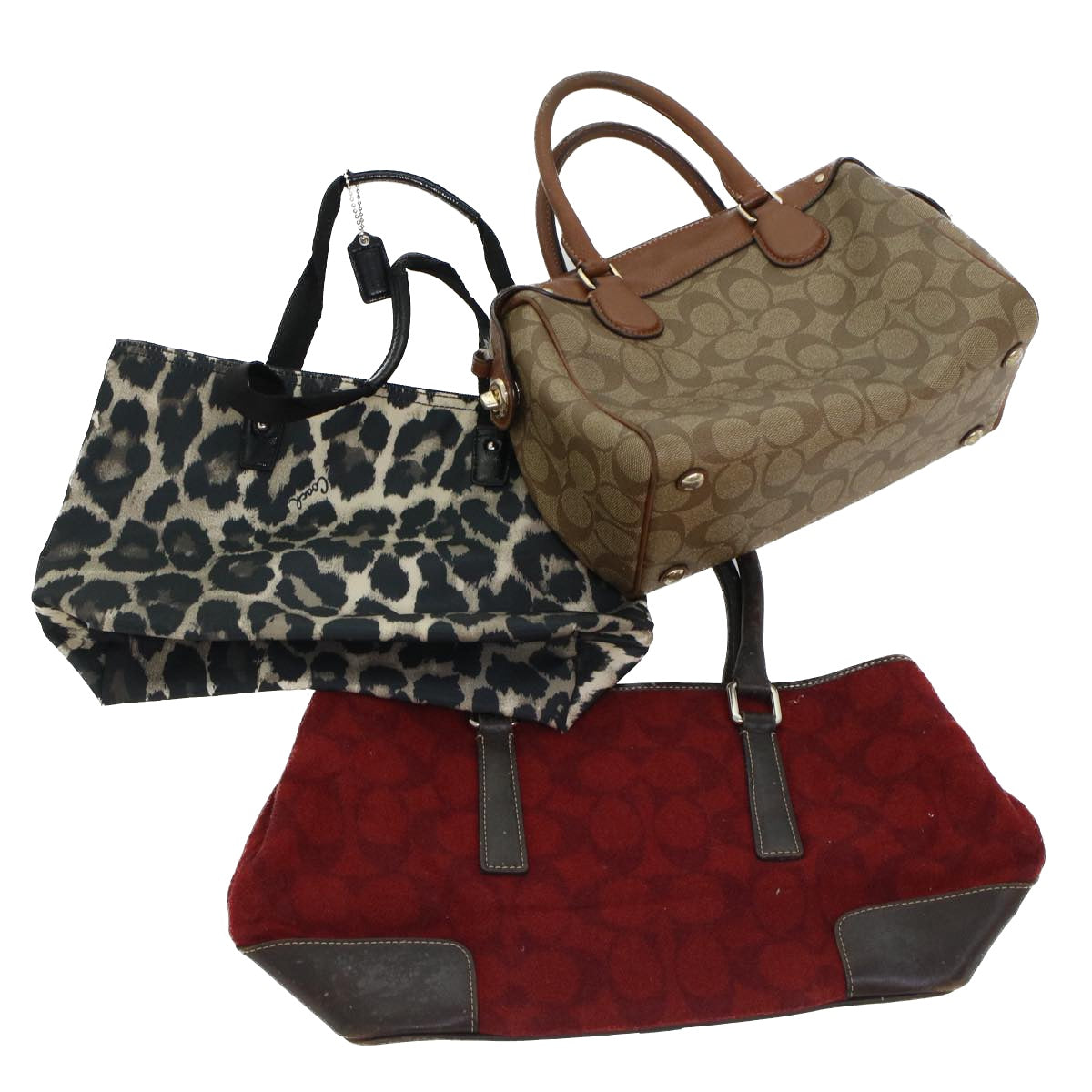 Coach Signature Leopard Hand Bag Canvas Leather 3Set Beige Brown Red Auth 44686 - 0