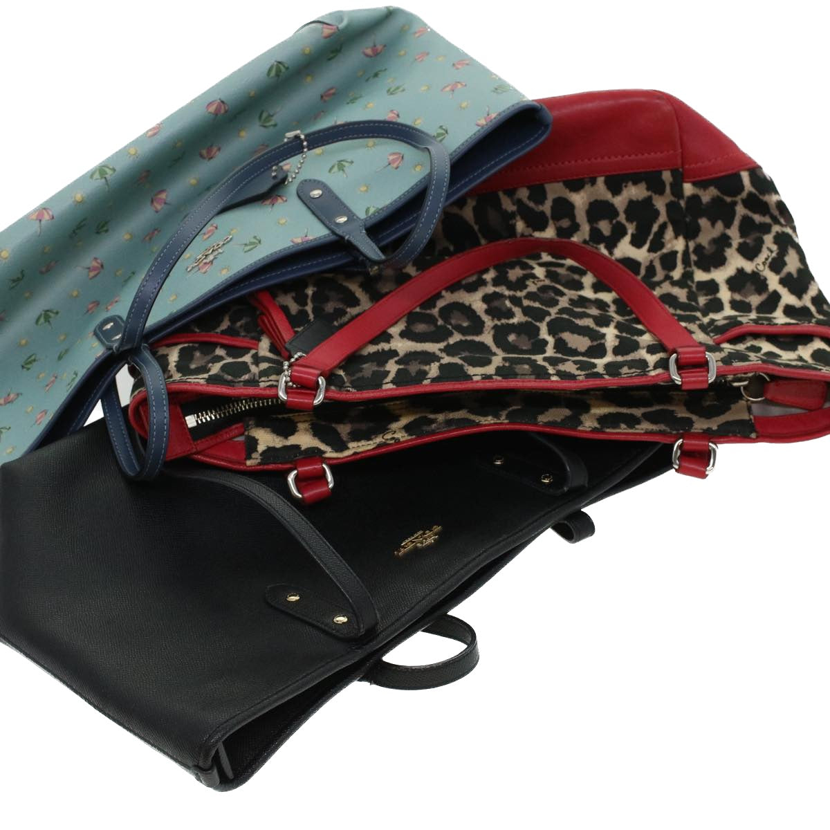 Coach Leopard Tote Bag PVC Leather 3Set Black Red blue Auth 44690