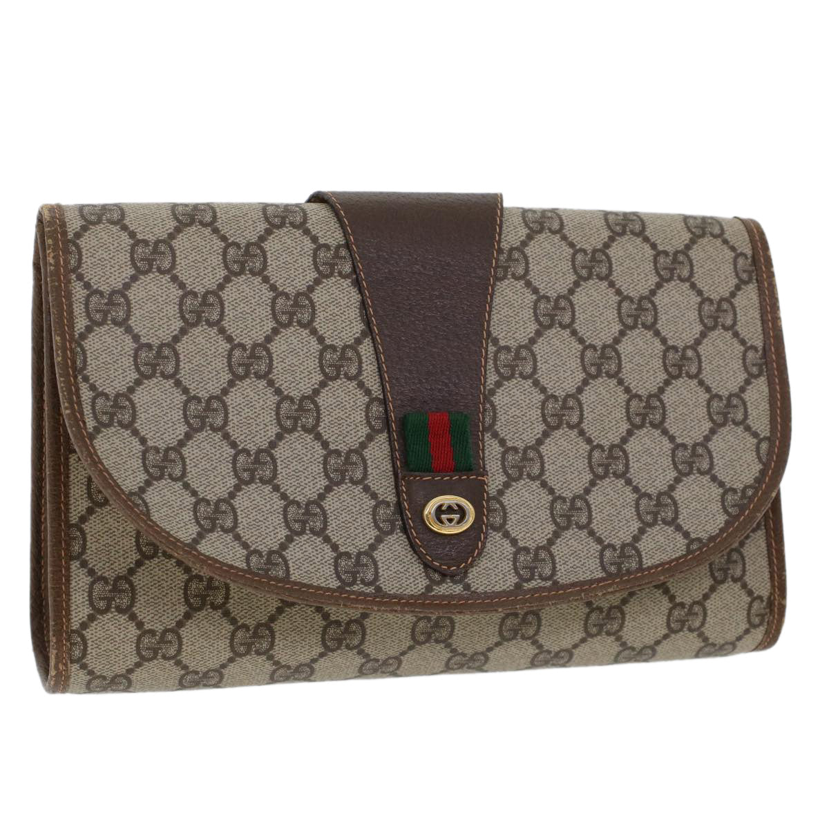 GUCCI GG Canvas Web Sherry Line Clutch Bag Beige Red Green 156.01.030 Auth 44751