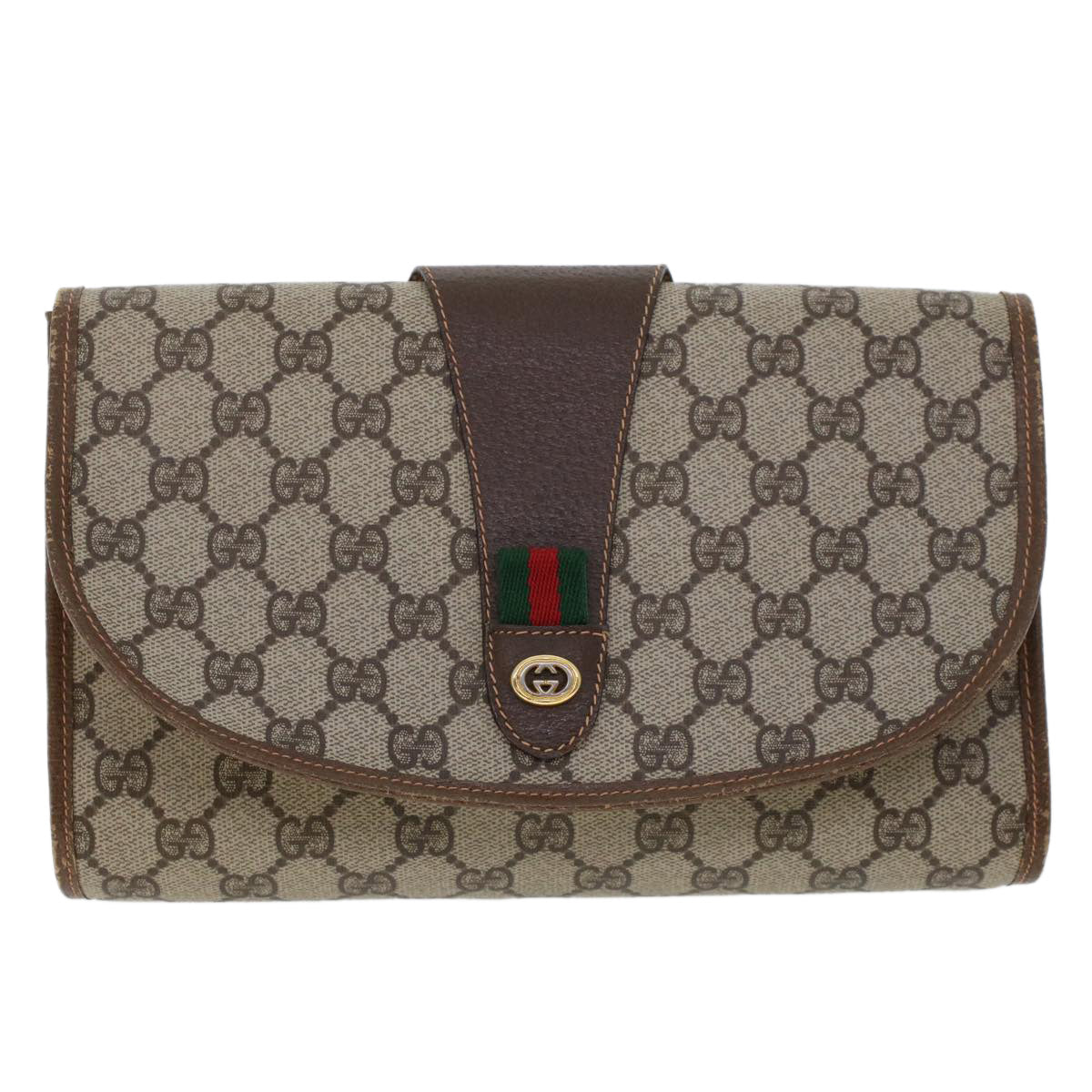 GUCCI GG Canvas Web Sherry Line Clutch Bag Beige Red Green 156.01.030 Auth 44751