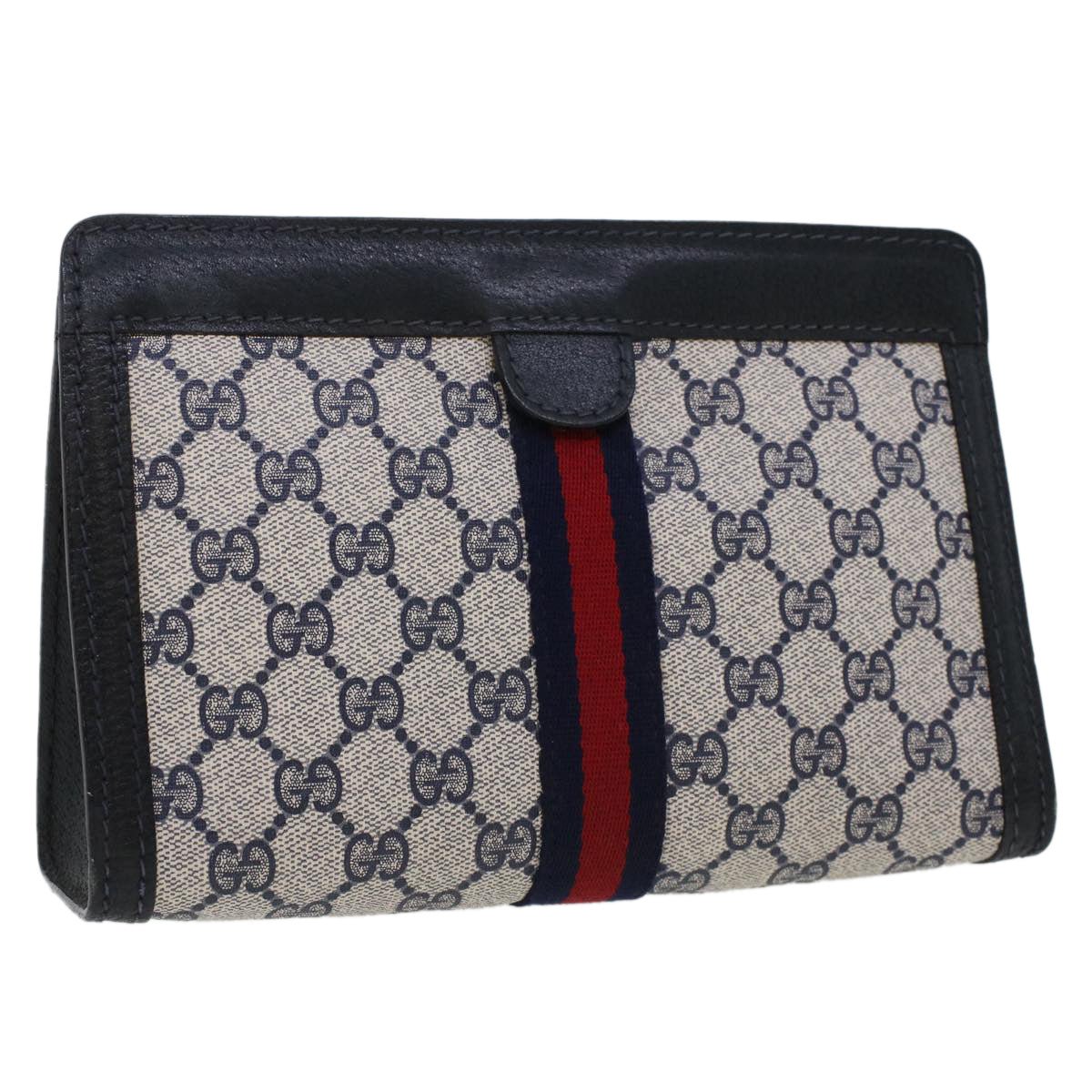 GUCCI GG Canvas Sherry Line Clutch Bag Gray Red Navy 64.014.2125.23 Auth 44752