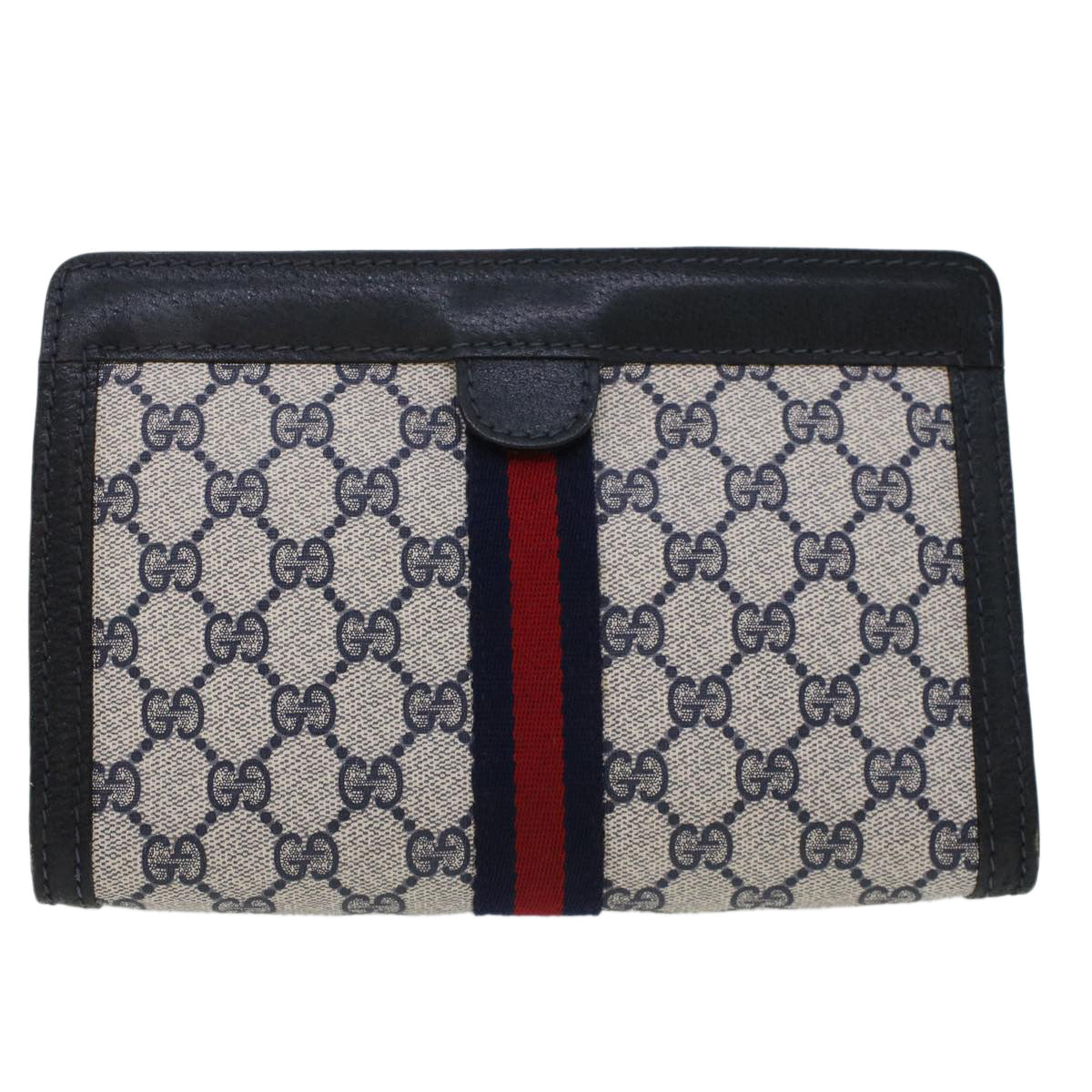 GUCCI GG Canvas Sherry Line Clutch Bag Gray Red Navy 64.014.2125.23 Auth 44752