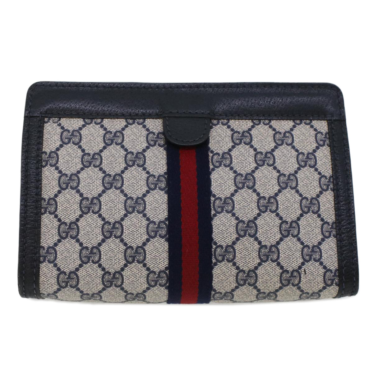 GUCCI GG Canvas Sherry Line Clutch Bag Gray Red Navy 64.014.2125.23 Auth 44752