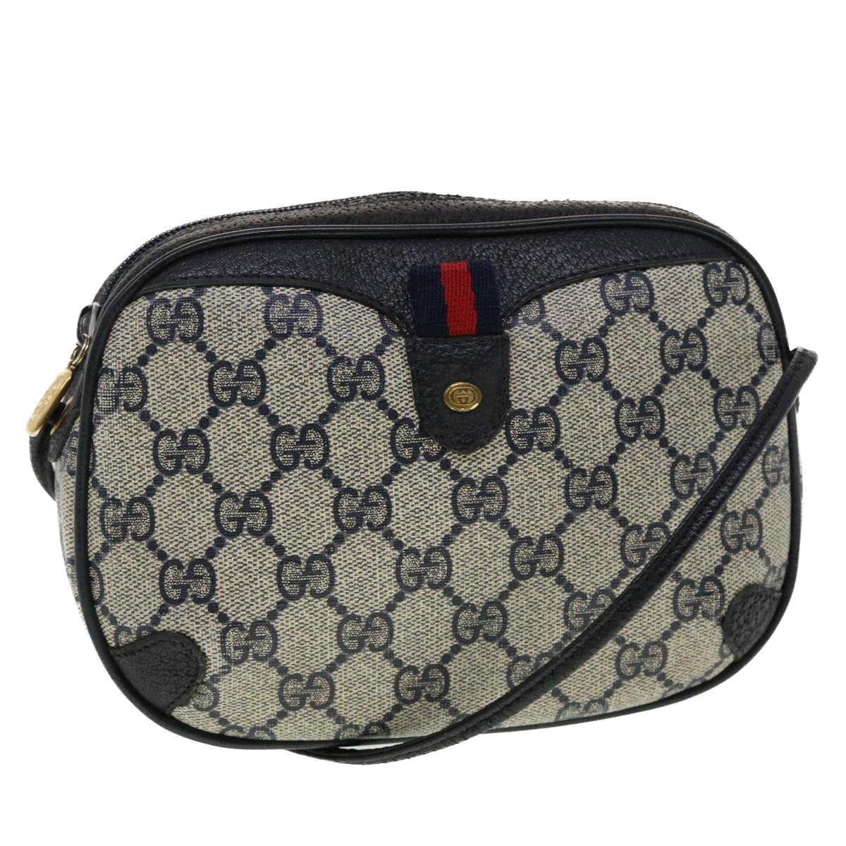 GUCCI GG Canvas Sherry Line Shoulder Bag PVC Leather Gray Red Navy Auth 44784