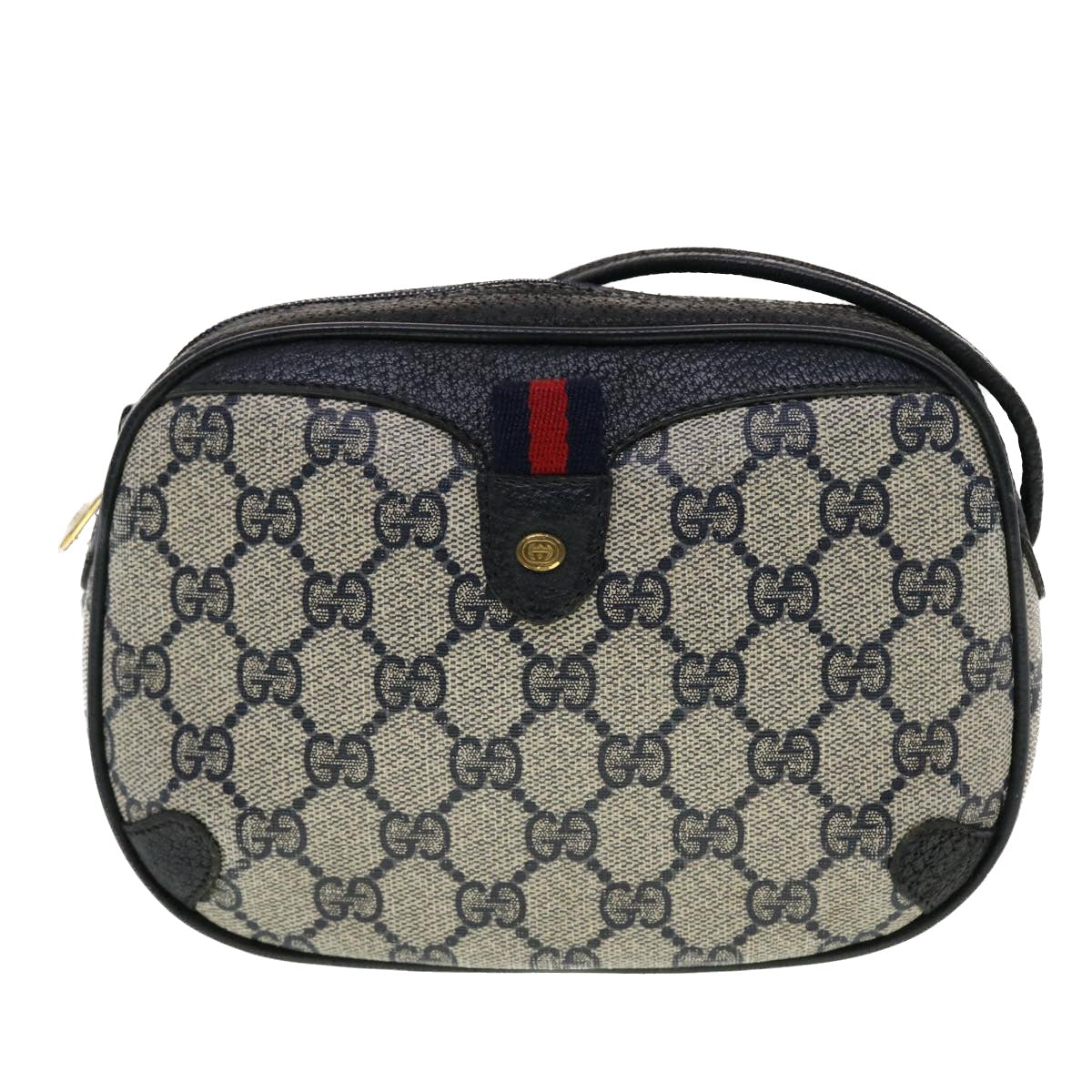 GUCCI GG Canvas Sherry Line Shoulder Bag PVC Leather Gray Red Navy Auth 44784