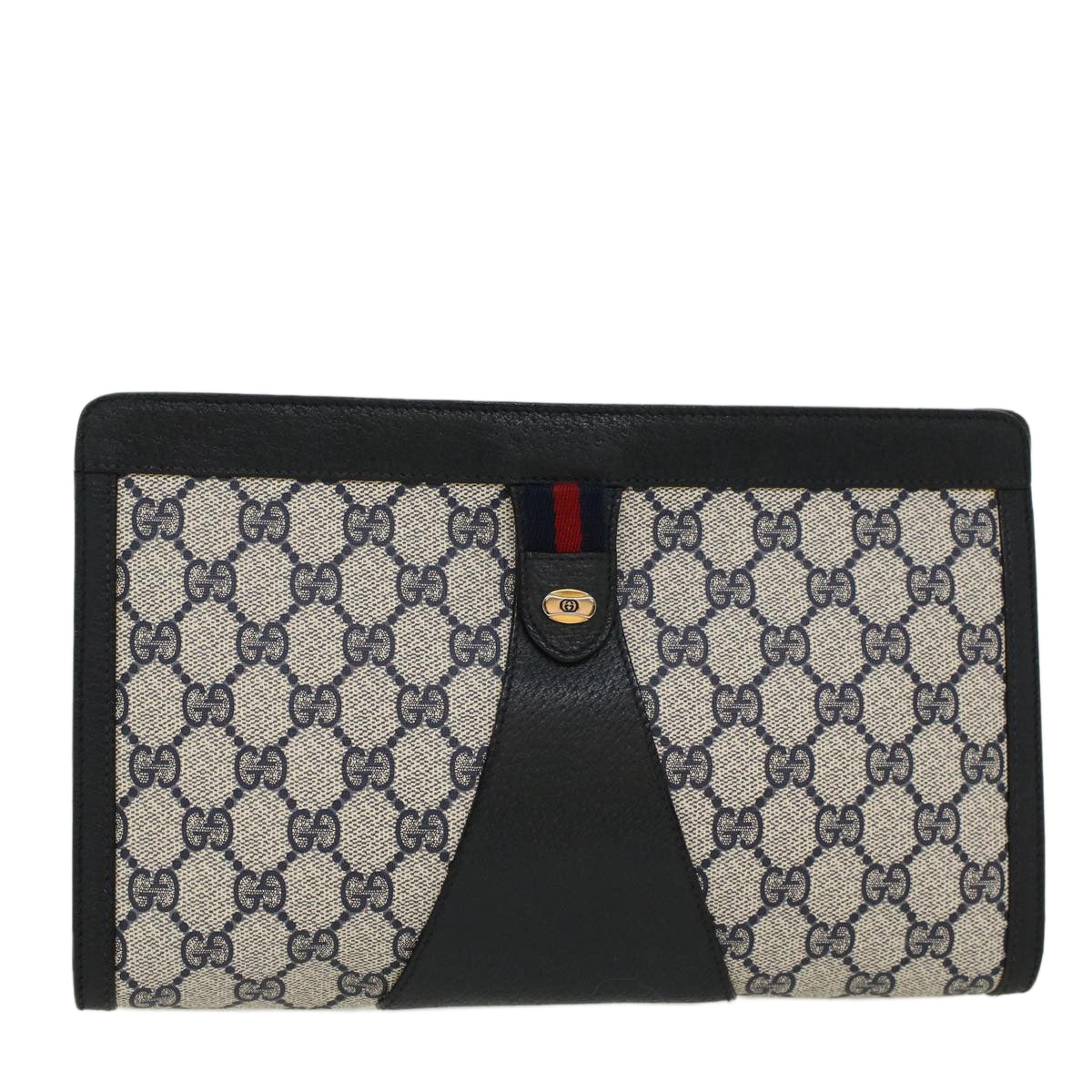 GUCCI GG Canvas Sherry Line Clutch Bag Gray Red Navy 89•01•033 Auth 44785